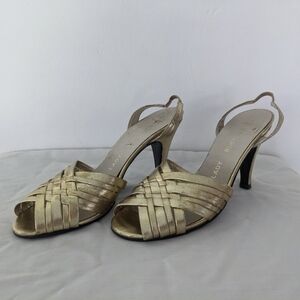 Vintage Gold Lamé Leather Slingback Heels Sz 6